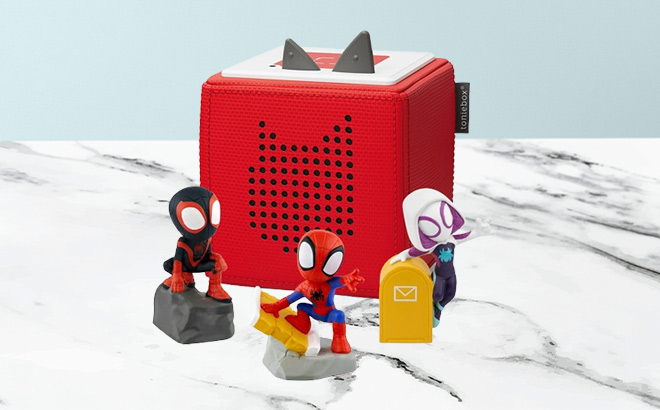 Tonies Toniebox Audio Player Bundle with Marvels Spidey His Amazing Friends on the Table