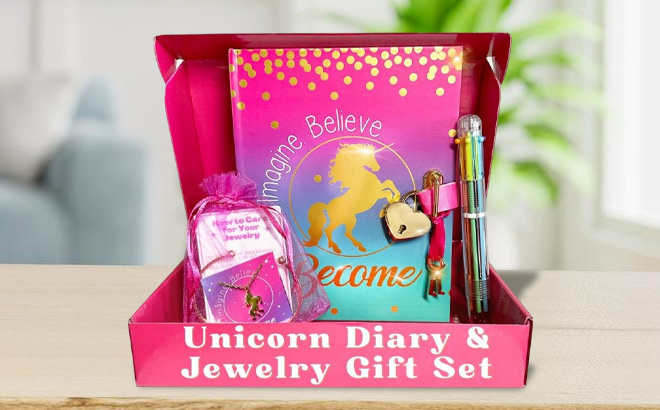 Unicorn Diary Jewelry Gift Set on a Table Unicorn Diary Jewelry Gift Set on a Table
