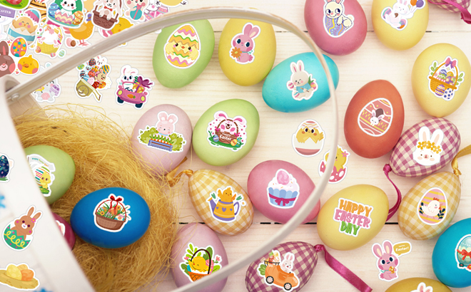 Various Easter Themed Stickers on a Table