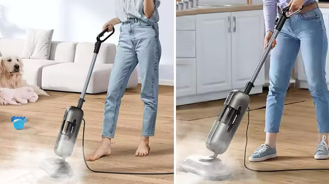 Women Cleaning with the Aspiron Electric Spin Scrub Steam Mop