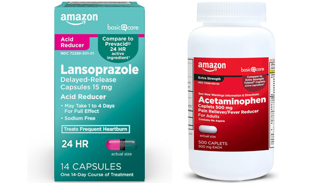 Amazon Basic Care Lansoprazole Heartburn Capsules and Amazon Basic Care Extra Strength Pain Relief Acetaminophen Caplets