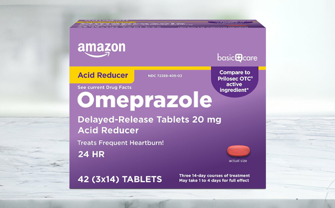 Amazon Basic Care Omeprazole Heartburn Tablets Box on a Table