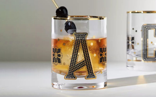 Anthropologie Monogram Old Fashioned Glass on a Table