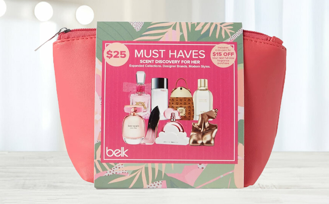 Belk Beauty Womens Must Haves Scent Discovery Kit Bag on a Table