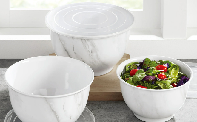 Better Homes & Gardens 6-Piece Melamine Serving Bowl Set with Lids on a Countertop
