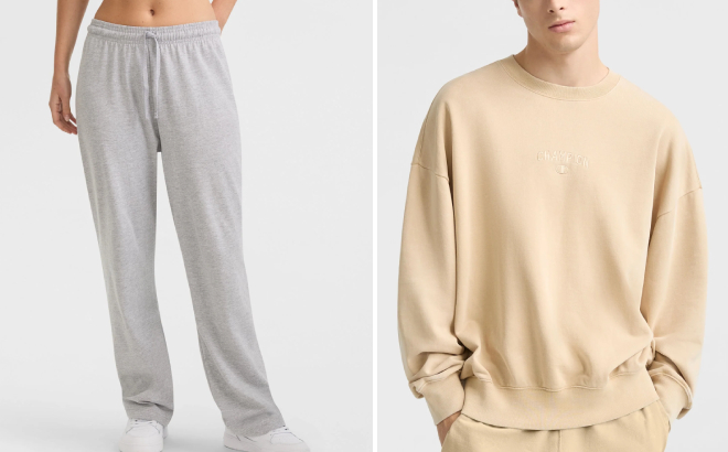 Champion C Logo Lightweight Lounge Pants and Vintage Wash Crewneck Sweatshirt