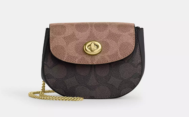 Coach Outlet Turnlock Card Case In Blocked Signature Canvas in Gold Walnut and Tan Color