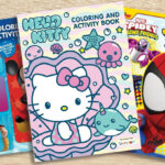 Disney Hello Kitty and Spiderman Coloring Books on a Table