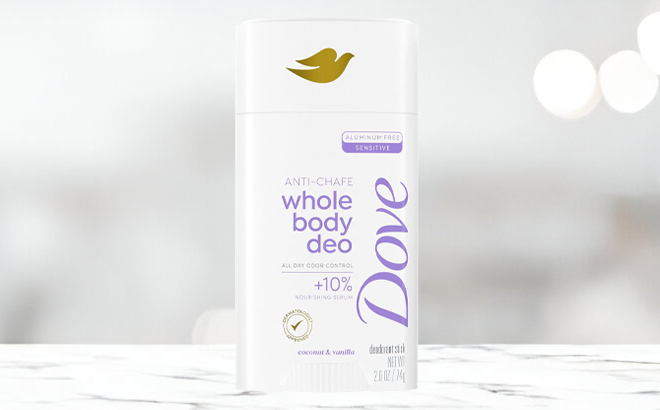 Dove Whole Body Coconut and Vanilla Deo Stick on a Table Dove Whole Body Coconut and Vanilla Deo Stick on a Table