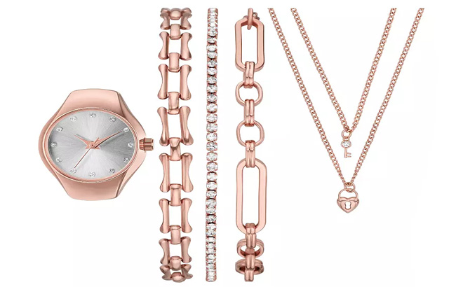 Folio Womens Rose Gold Stackable Ring Watch Set