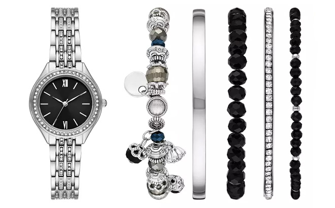 Folio Womens Silver Black Stackable Watch Set