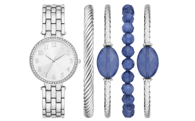 Folio Womens Silver Watch Blue Crystal Bracelet Set