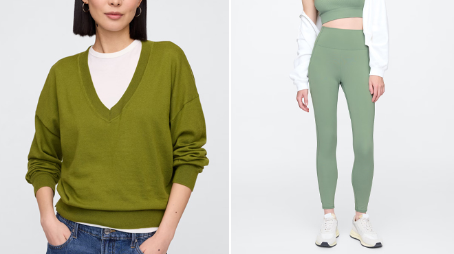 GAP Factory CashSoft Relaxed V Neck Sweater and GAP Factory GapFit Sky High Studio Pocket Leggings GAP Factory CashSoft Relaxed V Neck Sweater and GAP Factory GapFit Sky High Studio Pocket Leggings