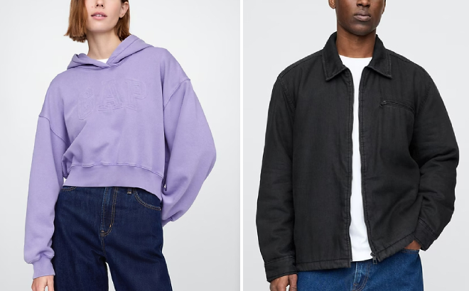 GAP VintageSoft Cropped Logo Hoodie and Sherpa Lined Shirt Jacket