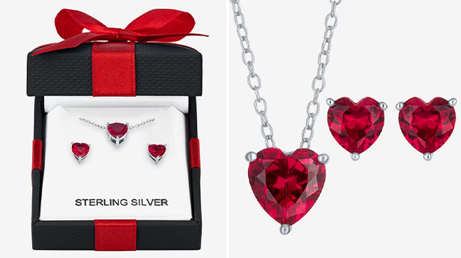 Lab Created Red Ruby Sterling Silver Heart 2 Piece Jewelry Set