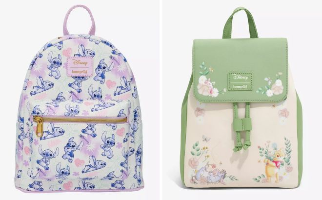 Loungefly Disney Stitch Tropical Heart Pastel and Disney Winnie The Pooh Florals Mini Backpacks
