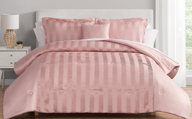 Mainstays 10 Piece Full Comforter Set in Blush Pink Color on a Bed