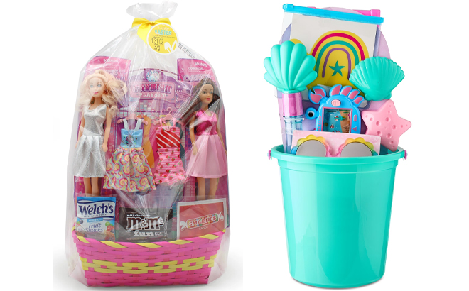 Megatoys 2 Doll Girls Prefilled Easter Basket and Beach Themed Bucket with Toys Megatoys 2 Doll Girls Prefilled Easter Basket and Beach Themed Bucket with Toys
