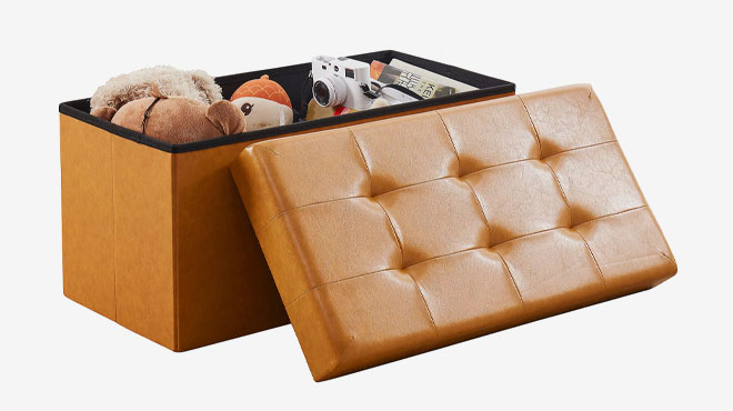 Open Ornavo Home Foldable Leather Storage Ottoman Bench Open Ornavo Home Foldable Leather Storage Ottoman Bench