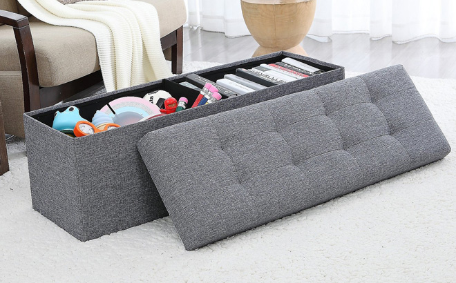 Ornavo Home Foldable Tufted Linen Large Storage Ottoman Bench Ornavo Home Foldable Tufted Linen Large Storage Ottoman Bench