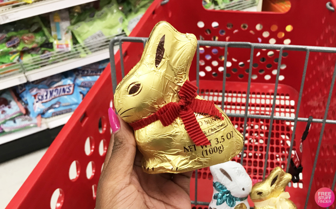 Person Holding Lindt Easter Gold Bunny Milk Chocolate Candy Person Holding Lindt Easter Gold Bunny Milk Chocolate Candy