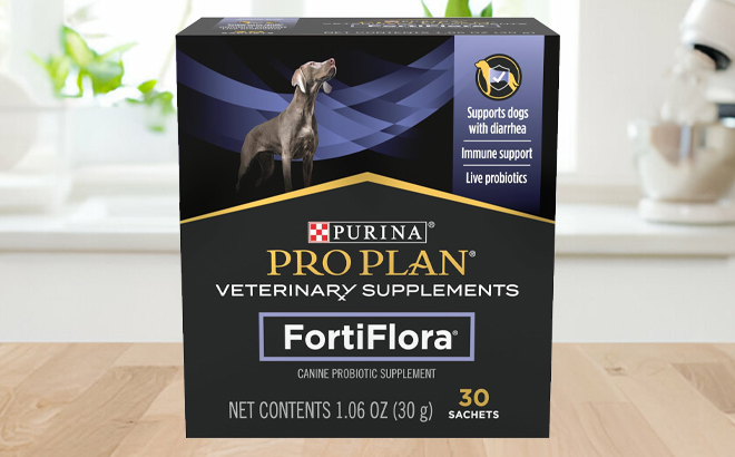 Purina Dog Probiotic Supplement 30 Count Powder Sachets Box on a Table
