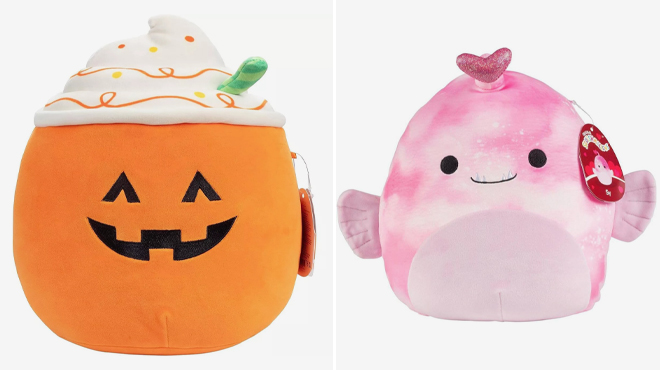 Squishmallows 10 Inch Lester The Pumpkin Latte and 10 Inch Sy The Anglerfish