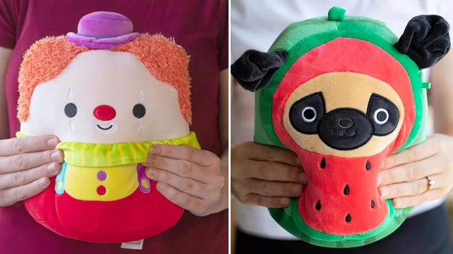 Squishmallows 8 Inch Bimbi the Clown and 8 Inch Prince The Watermelon Pug