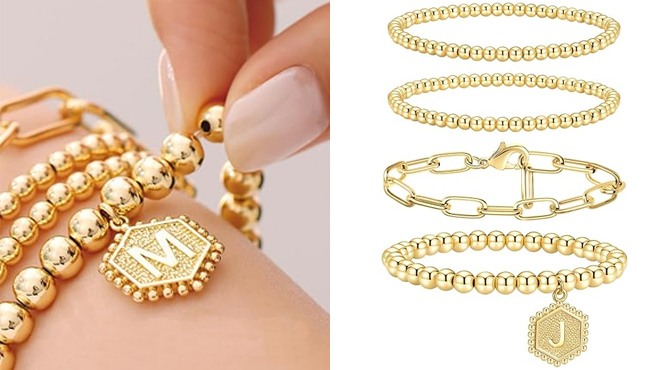 Stackable Initial Beaded Bracelet with Letter Pendant Stretch Trendy Stack Jewelry Set