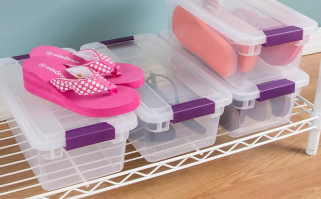 Sterilite 6 Quart Storage Containers on a Shoe Rack