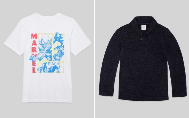 The Avengers Marvel Boys Panel Avengers Comic Graphic T Shirt and Wonder Nation Boys Shawl Neck Fleece Pullover Sweater The Avengers Marvel Boys Panel Avengers Comic Graphic T Shirt and Wonder Nation Boys Shawl Neck Fleece Pullover Sweater