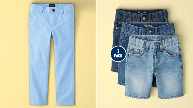 The Childrens Place Boys Straight Chino Pants on the left and The Childrens Place Boys Denim Shorts 3 pk onthe right The Childrens Place Boys Straight Chino Pants on the left and The Childrens Place Boys Denim Shorts 3 pk onthe right