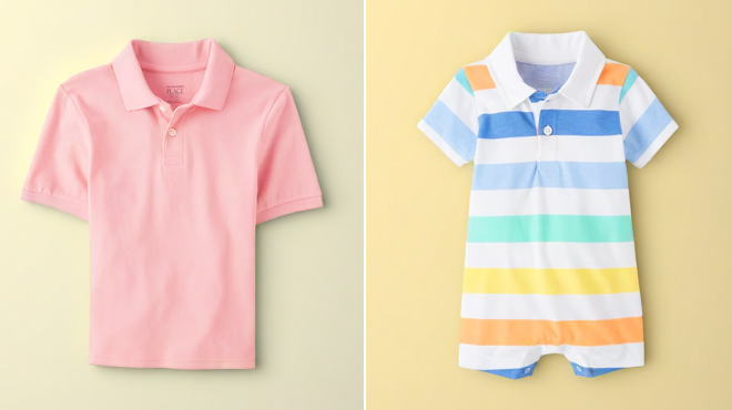 The Childrens Place Kids Pique Polo on the left and The Childrens Place Baby Boys Striped Polo Romper on the right The Childrens Place Kids Pique Polo on the left and The Childrens Place Baby Boys Striped Polo Romper on the right