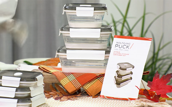 Wolfgang Puck 6 Piece Collapsible Food Storage Set with Vented Lids on a Table