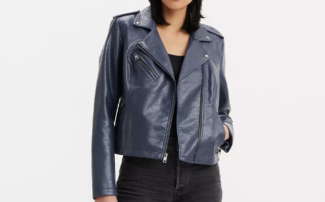 A Person Wearing the Levis Faux Leather Moto Jacket
