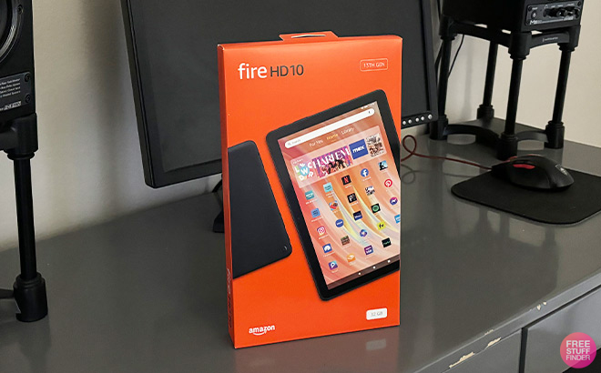 Amazon Fire HD 10 Tablet on a Computer Desk