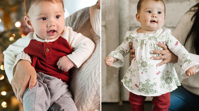 Burts Bees Baby Thermal Organic Boy Tee Pants Set and Burts Bees Baby Holiday Snowflakes Organic Tunic Pants Set