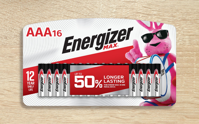 Energizer MAX AAA Batteries 16 Pack on a Table Energizer MAX AAA Batteries 16 Pack on a Table