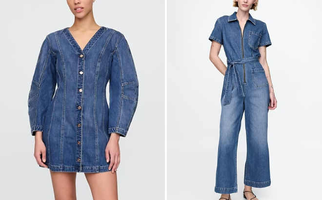 GAP Barrel Sleeve Denim Mini Dress and Belted Denim Jumpsuit GAP Barrel Sleeve Denim Mini Dress and Belted Denim Jumpsuit