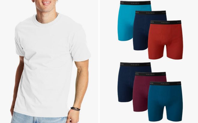 Hanes Mens Beefy t T Shirt and Hanes Mens Boxer Briefs Multi Pack 6 Count
