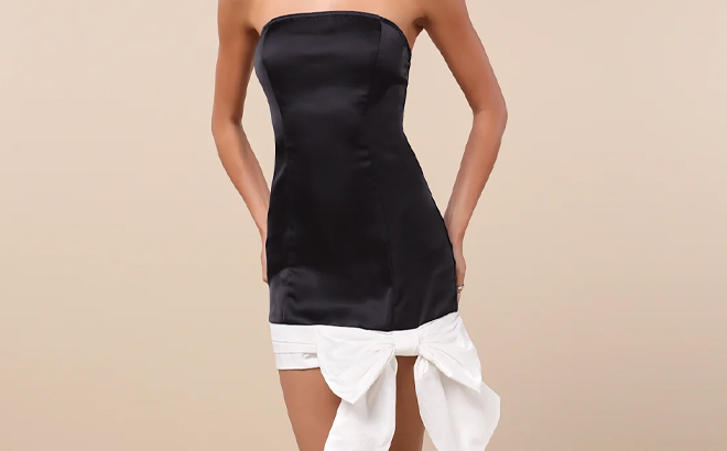 Lulus Always Compelling Black and White Satin Strapless Bow Mini Dress