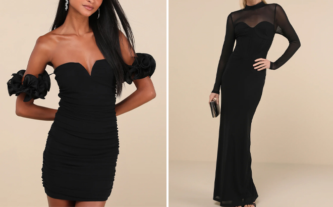 Lulus Black Mesh Ruched Off the Shoulder Mini Dress and Black Mesh Cutout Long Sleeve Maxi Dress
