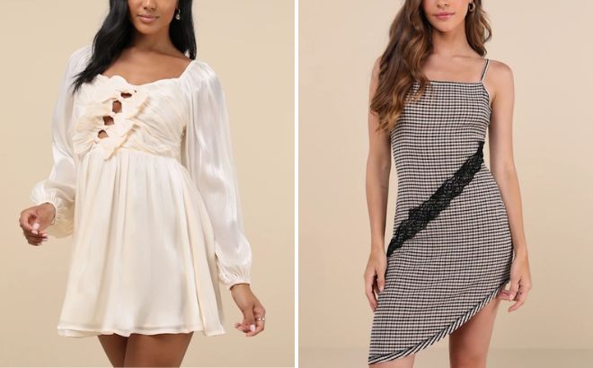 Lulus Champagne Bow Front Long Sleeve Mini Dress and Asymmetrical Mini Dress