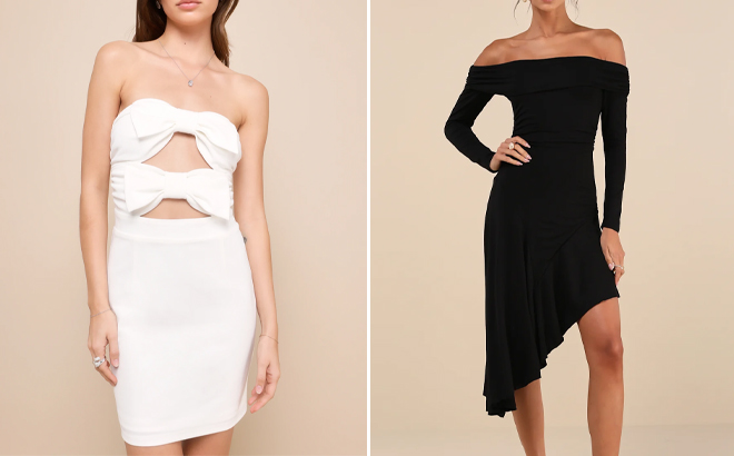 Lulus Happy Bow Lucky White Cutout Bow Strapless Mini Dress and Classy Aura Black Off the Shoulder Asymmetrical Midi Dress