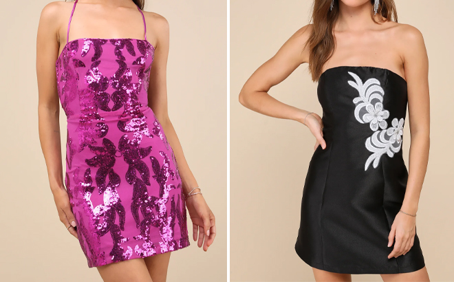 Lulus Magenta Purple Sequin Lace Up Mini Dress and Black Taffeta Floral Embroidered Mini Dress