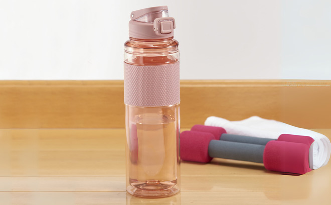 Mainstays Water Bottle in Pearl Blush Pink on a Table