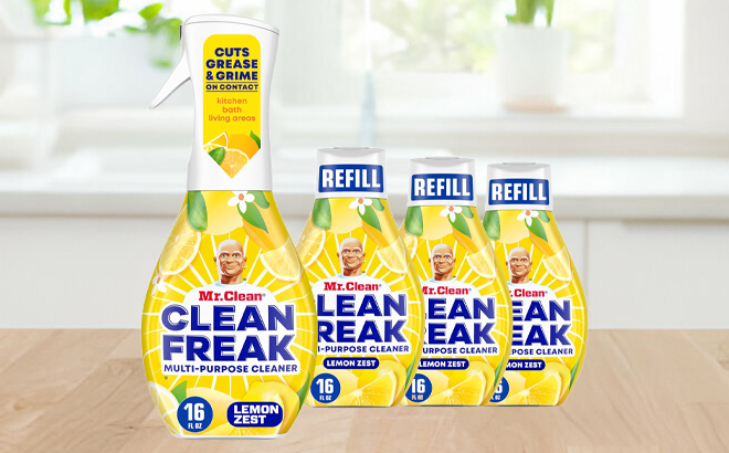 Mr Clean Clean Freak Multi Surface Cleaning Spray and Refills on a Table