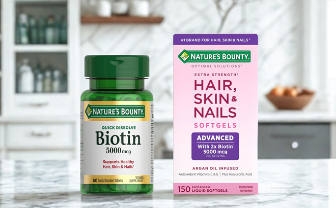 Natures Bounty Biotin Quick Dissolve Tablets and Hair Skin and Nails Softgels
