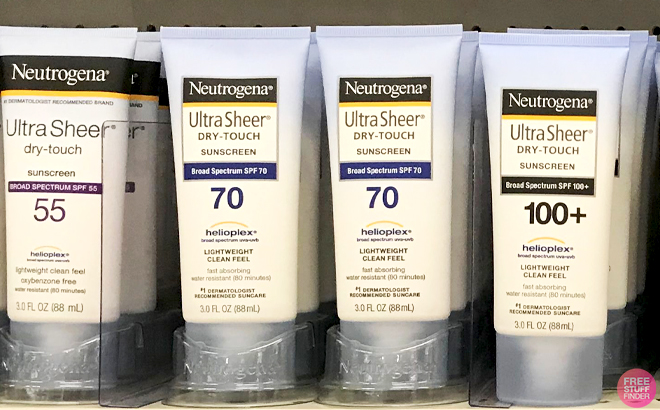Neutrogena Water Resistant Non Greasy SPF 70 Sunscreen Lotions on a Store Shelf Neutrogena Water Resistant Non Greasy SPF 70 Sunscreen Lotions on a Store Shelf