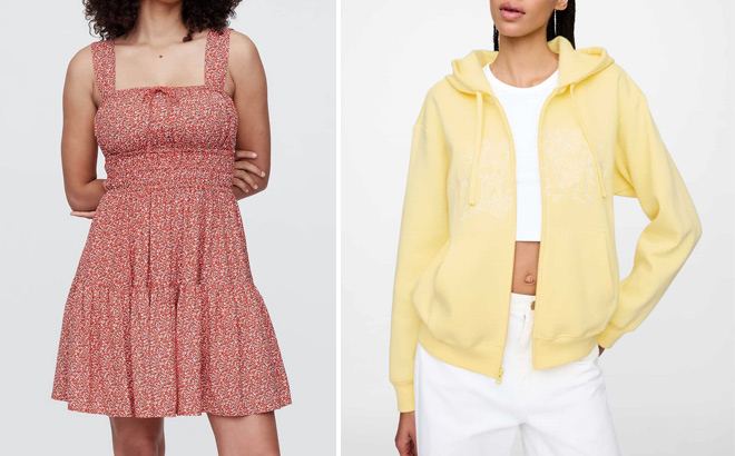 People Wearing GAP Smocked Tie Front Mini Dress and Hoodie